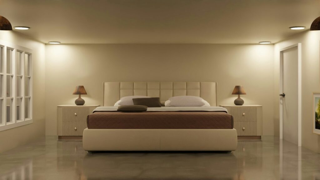 Bedroom with a large bed and two bedside lamps